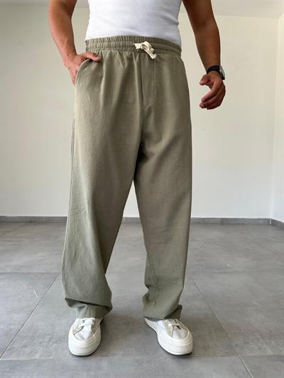 Haki Renk Bol Kalıp Baggy Kesim Keten Pantolon