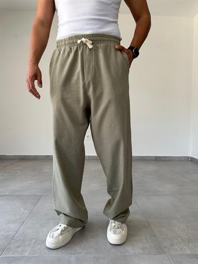 Haki Renk Bol Kalıp Baggy Kesim Keten Pantolon