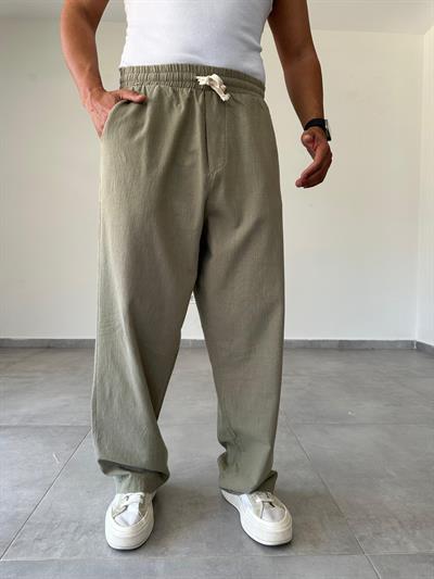 Haki Renk Bol Kalıp Baggy Kesim Keten Pantolon