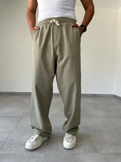 Haki Renk Bol Kalıp Baggy Kesim Keten Pantolon