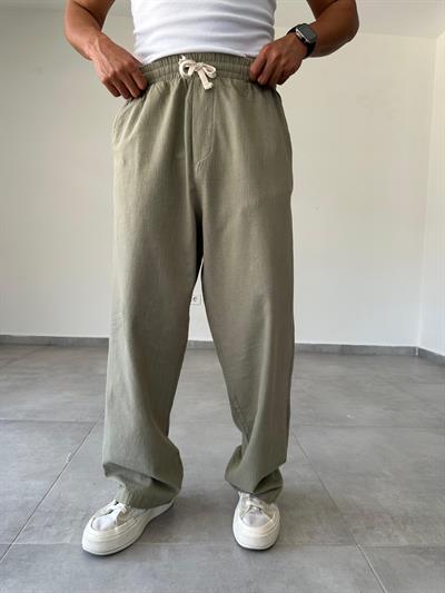 Haki Renk Bol Kalıp Baggy Kesim Keten Pantolon