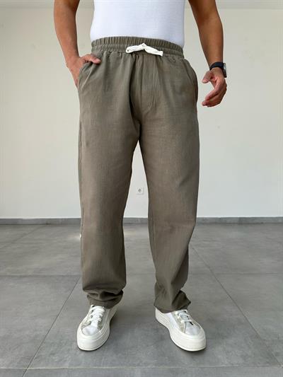 Haki Renk Nakış Detaylı Ham Keten Baggy Pantolon