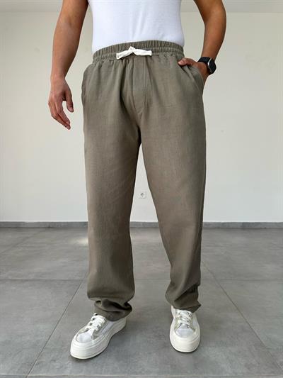 Haki Renk Nakış Detaylı Ham Keten Baggy Pantolon