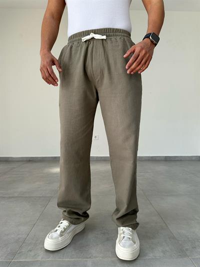 Haki Renk Nakış Detaylı Ham Keten Baggy Pantolon
