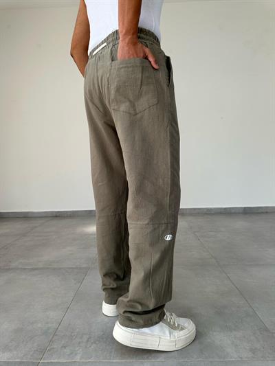 Haki Renk Nakış Detaylı Ham Keten Baggy Pantolon
