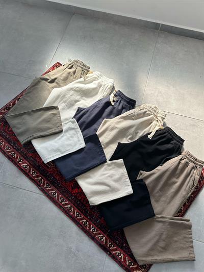 Haki Renk Nakış Detaylı Ham Keten Baggy Pantolon
