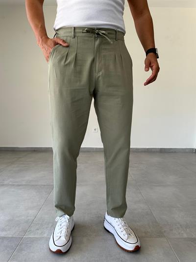 Haki Renk Ön Kısmı Pile Detaylı Boyfriend Kesim Keten Pantolon