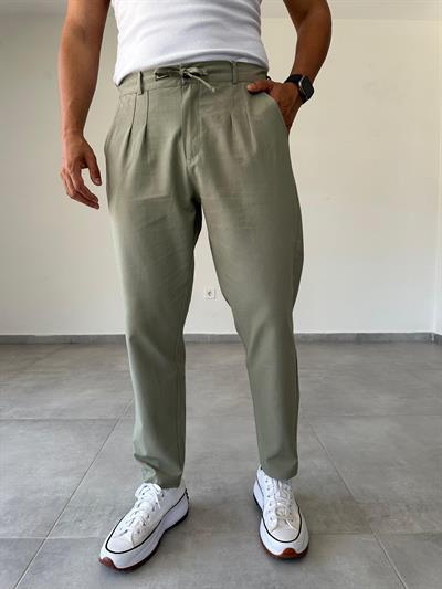 Haki Renk Ön Kısmı Pile Detaylı Boyfriend Kesim Keten Pantolon