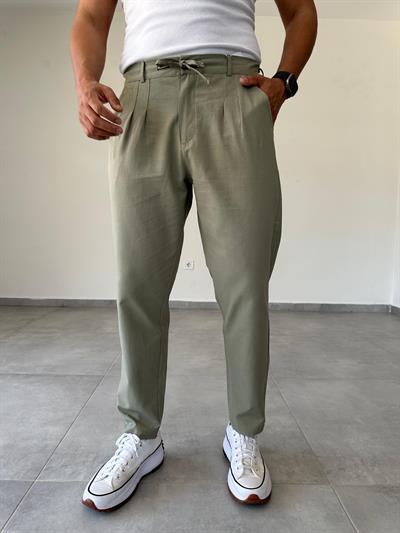Haki Renk Ön Kısmı Pile Detaylı Boyfriend Kesim Keten Pantolon