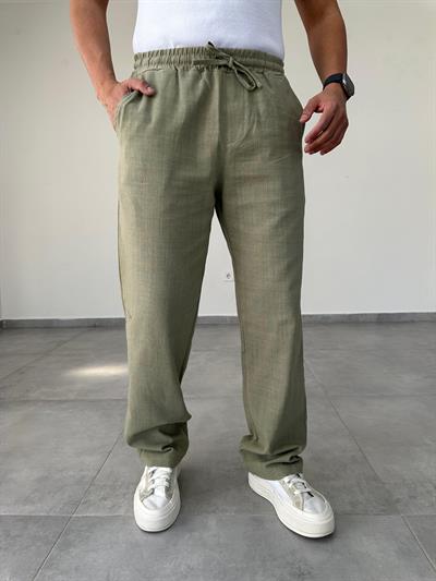 Haki Yeşili Bel Kısmı Lastikli Baggy Keten Pantolon