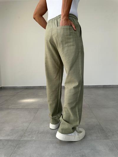 Haki Yeşili Bel Kısmı Lastikli Baggy Keten Pantolon