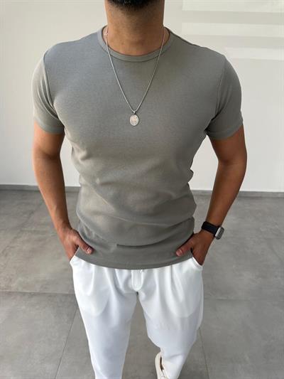 Haki Yeşili Renk Fitilli Basic T-Shirt
