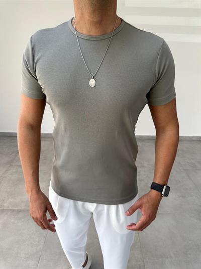 Haki Yeşili Renk Fitilli Basic T-Shirt