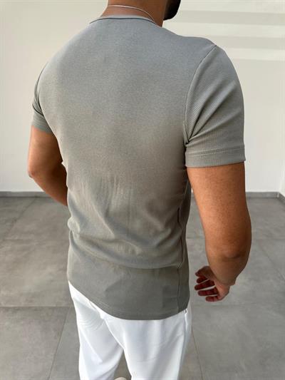 Haki Yeşili Renk Fitilli Basic T-Shirt