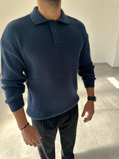 İndigo Renk Düğmeli Polo Yaka Oversize Örme Kazak