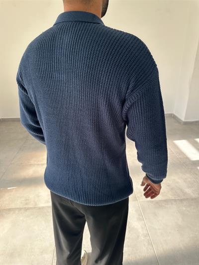 İndigo Renk Düğmeli Polo Yaka Oversize Örme Kazak