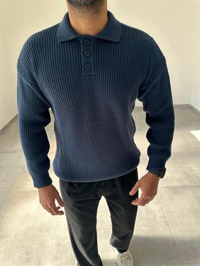 İndigo Renk Düğmeli Polo Yaka Oversize Örme Kazak
