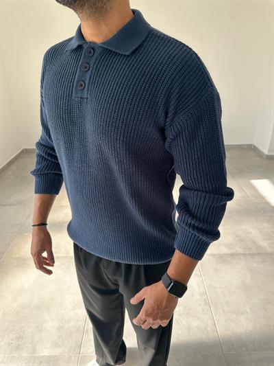 İndigo Renk Düğmeli Polo Yaka Oversize Örme Kazak