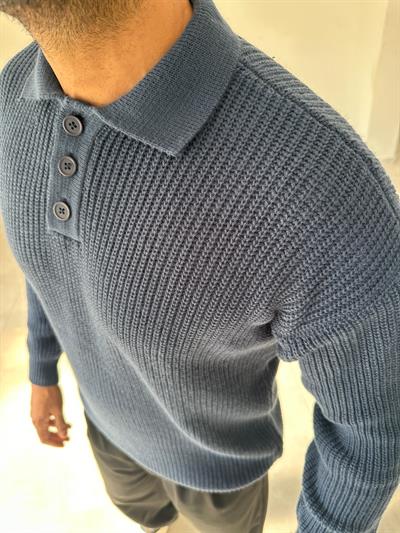İndigo Renk Düğmeli Polo Yaka Oversize Örme Kazak