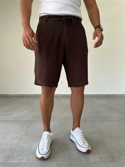 Kahve Renk Bel Kısmı Lastik Ve Bağcık Detaylı Yıkamalı Keten Şort