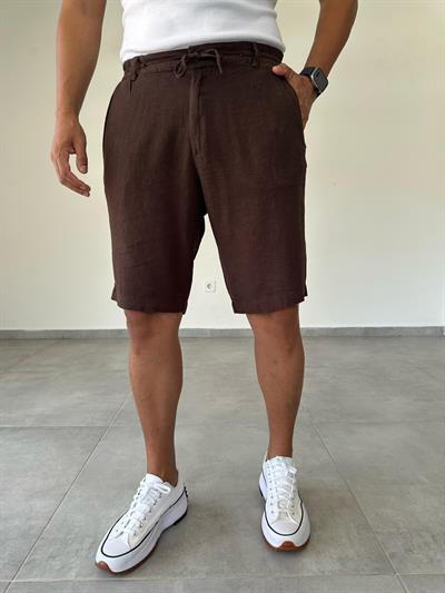 Kahve Renk Bel Kısmı Lastik Ve Bağcık Detaylı Yıkamalı Keten Şort
