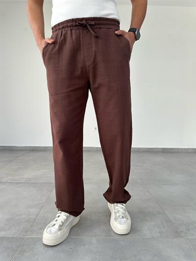 Kahve Renk Bel Kısmı Lastikli Baggy Keten Pantolon