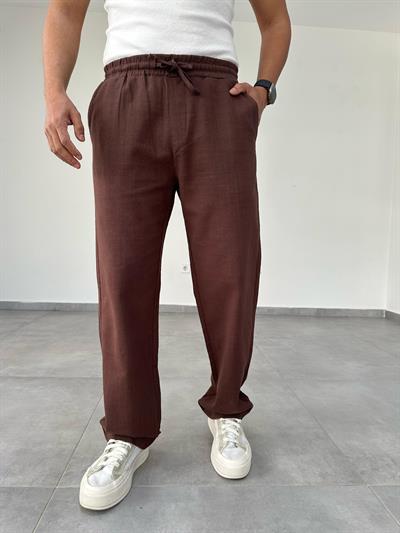 Kahve Renk Bel Kısmı Lastikli Baggy Keten Pantolon