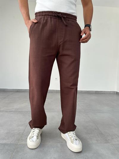 Kahve Renk Bel Kısmı Lastikli Baggy Keten Pantolon