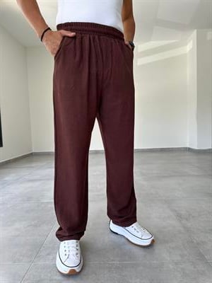 Kahve Renk Bel Kısmı Lastikli Ham Keten Baggy Pantolon