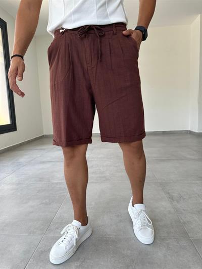Kahve Renk Dikiş Detaylı Double Paça Ham Keten Şort