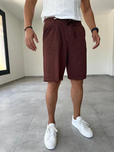 Kahve Renk Dikiş Detaylı Double Paça Ham Keten Şort