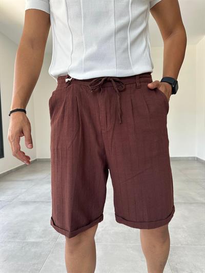 Kahve Renk Dikiş Detaylı Double Paça Ham Keten Şort