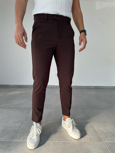 Kahve Renk Düğme Kemer Detaylı Kumaş Pantolon