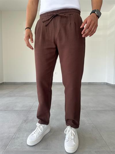 Kahve Renk Ön Kısmı Pile Detaylı Double Paça Keten Pantolon