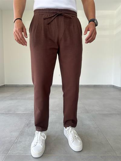 Kahve Renk Ön Kısmı Pile Detaylı Double Paça Keten Pantolon