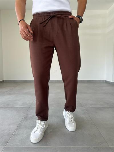 Kahve Renk Ön Kısmı Pile Detaylı Double Paça Keten Pantolon