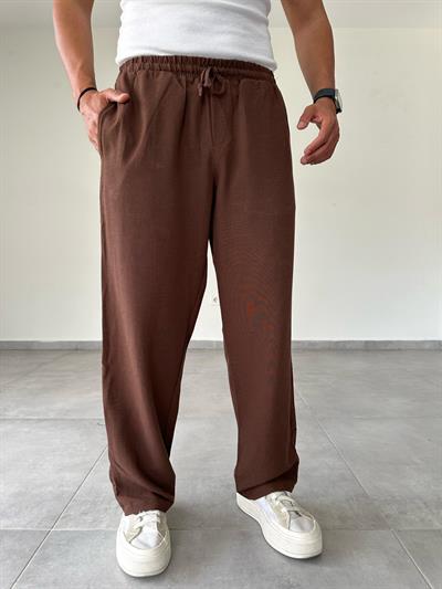 Kahve Renk Relax Fit Baggy Keten Pantolon