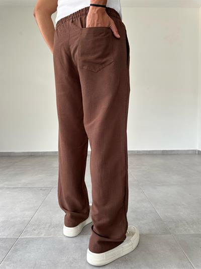 Kahve Renk Relax Fit Baggy Keten Pantolon