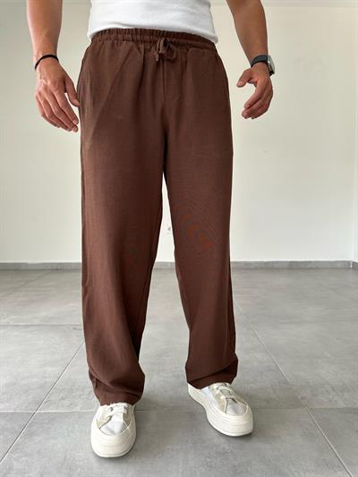 Kahve Renk Relax Fit Baggy Keten Pantolon