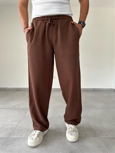 Kahve Renk Relax Fit Baggy Keten Pantolon