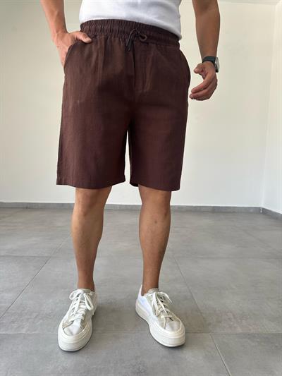 Kahve Renk Relax Fit Kesim Flamlı Keten Şort