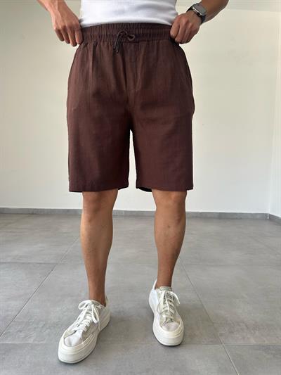Kahve Renk Relax Fit Kesim Flamlı Keten Şort