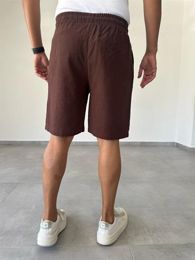 Kahve Renk Relax Fit Kesim Flamlı Keten Şort