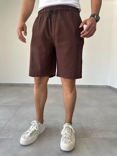 Kahve Renk Relax Fit Kesim Flamlı Keten Şort