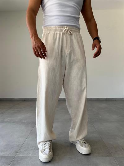 Krem Renk Bol Kalıp Baggy Kesim Keten Pantolon