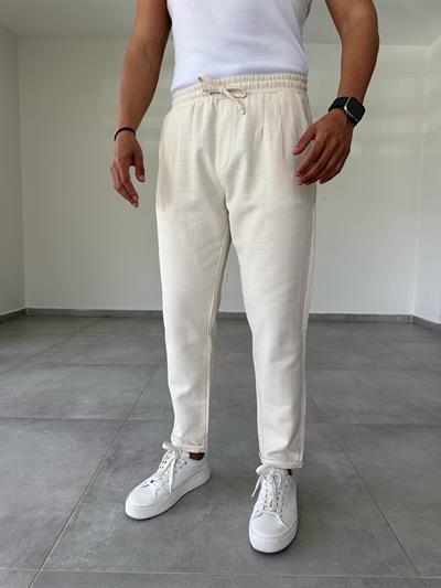 Krem Renk Ön Kısmı Pile Detaylı Double Paça Keten Pantolon