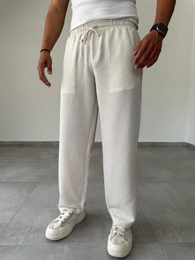 Krem Renk Relax Fit Baggy Keten Pantolon