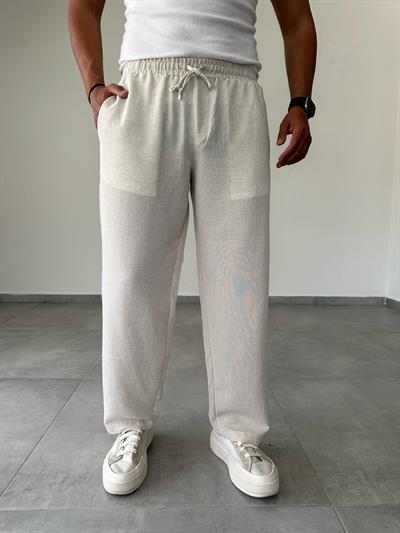 Krem Renk Relax Fit Baggy Keten Pantolon