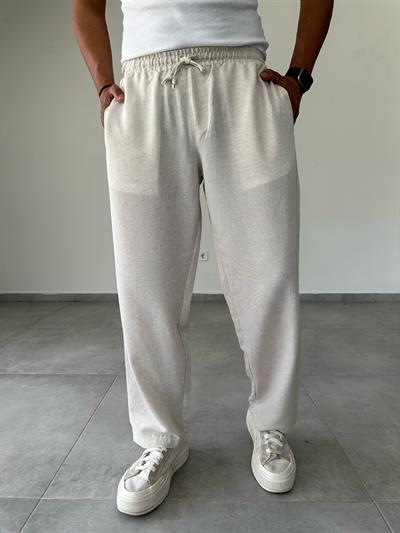 Krem Renk Relax Fit Baggy Keten Pantolon