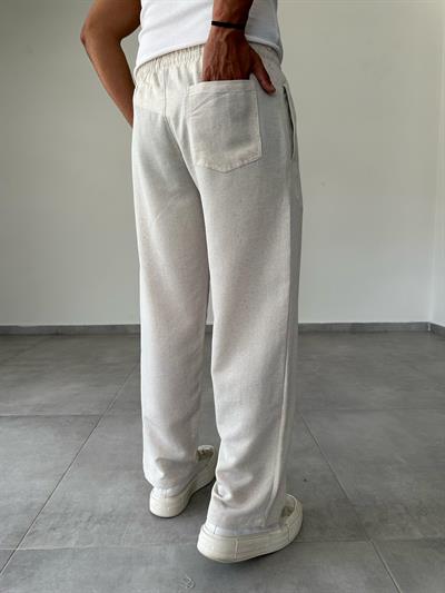 Krem Renk Relax Fit Baggy Keten Pantolon